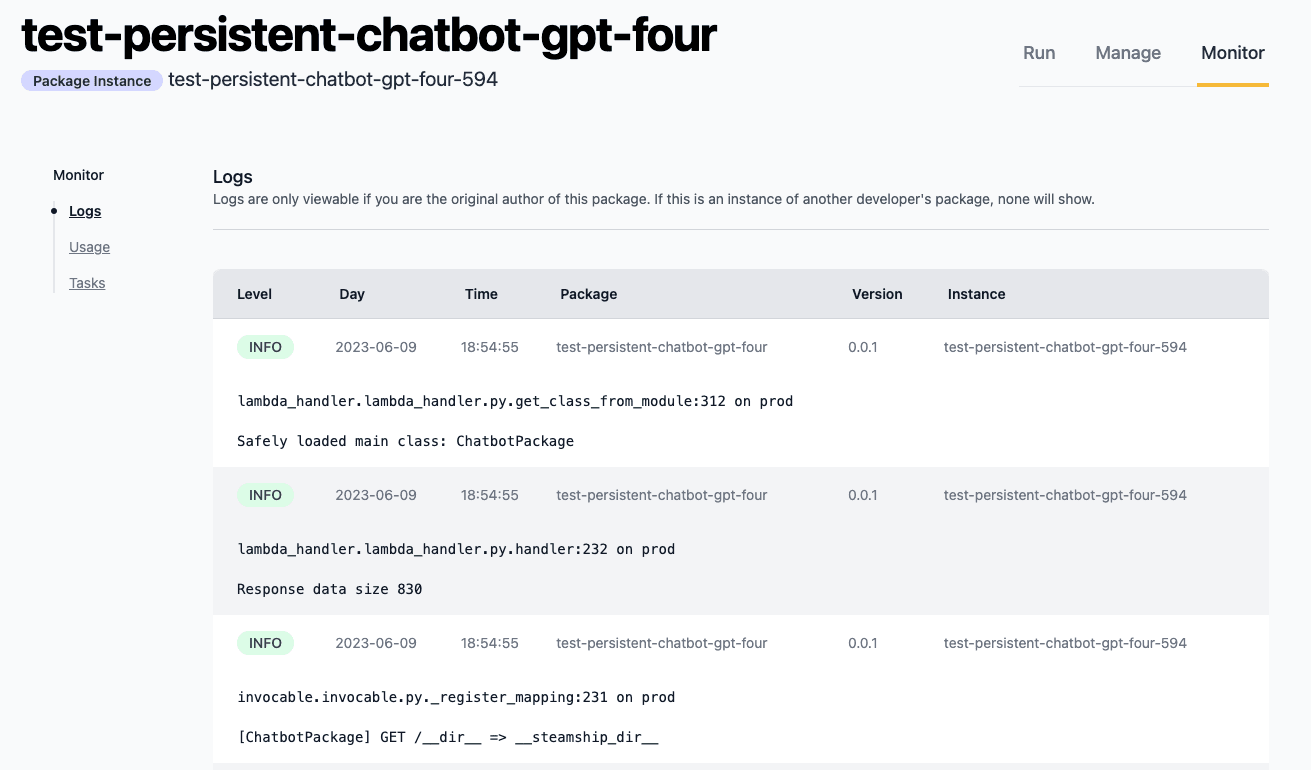 Web view of Package Instance Logs